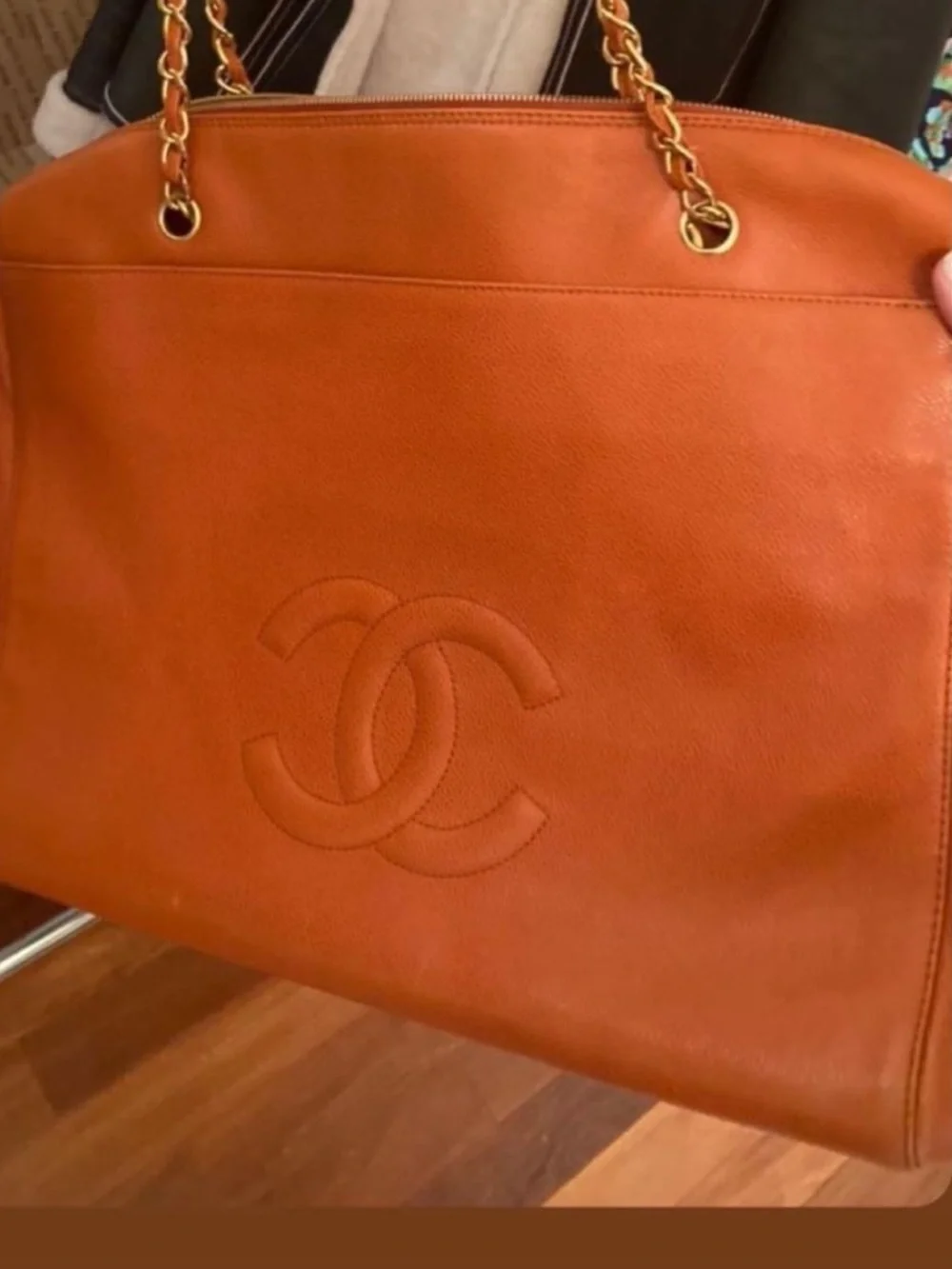 CHANEL Orange Leather Double-C Tote with Gold Chain Straps